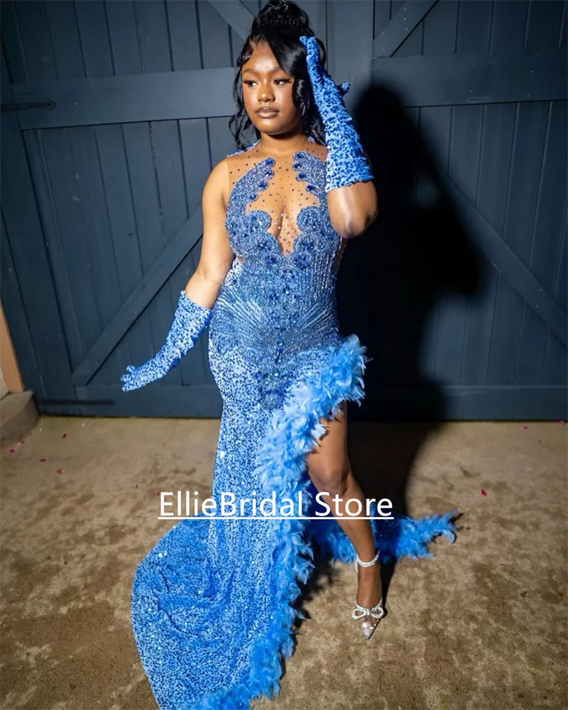 Chic Light Blue Prom Dresses 2025 For Black Girls Rhinestone Crystal vestidos de graduación Sequin Party Dress Gloves Customized