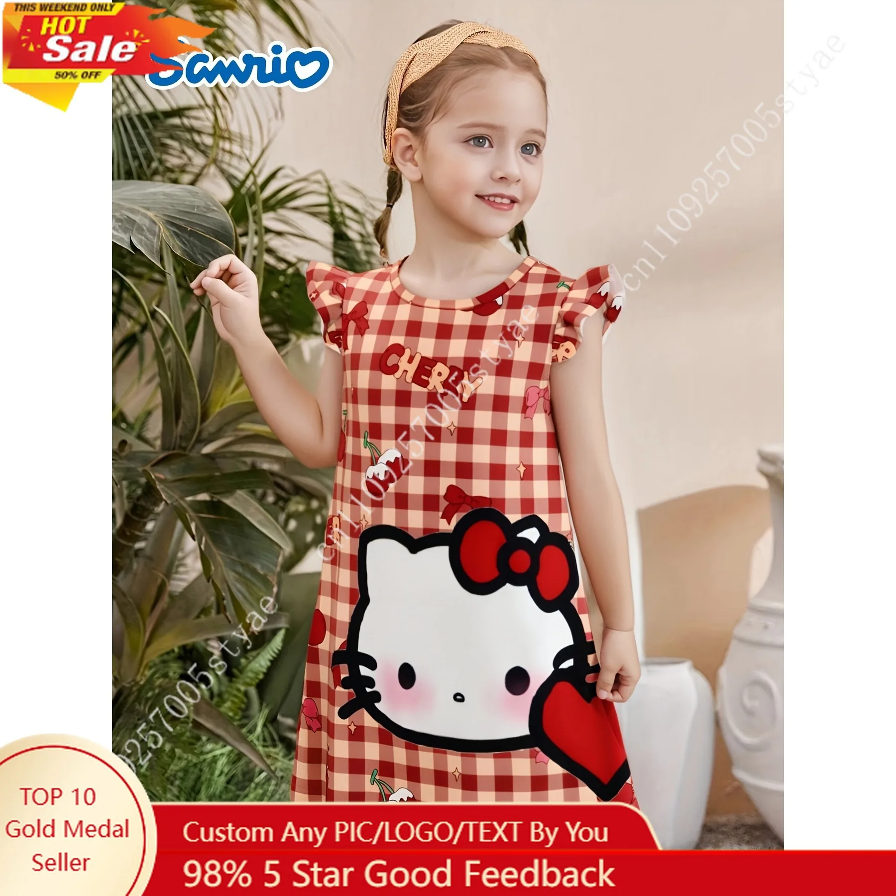 

Sanrio Hello Kitty Sweet and Cute Plaid Princess Dress with Flutter Sleeves Adorable Cartoon Pattern Design Soft and Comfortable
