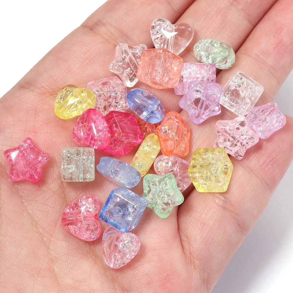 100pcs Colorful Transparent Cracked Heart Pentagram Square Acrylic Beads Loose Bead for Jewelry Making Bracelet Neckalce Crafts