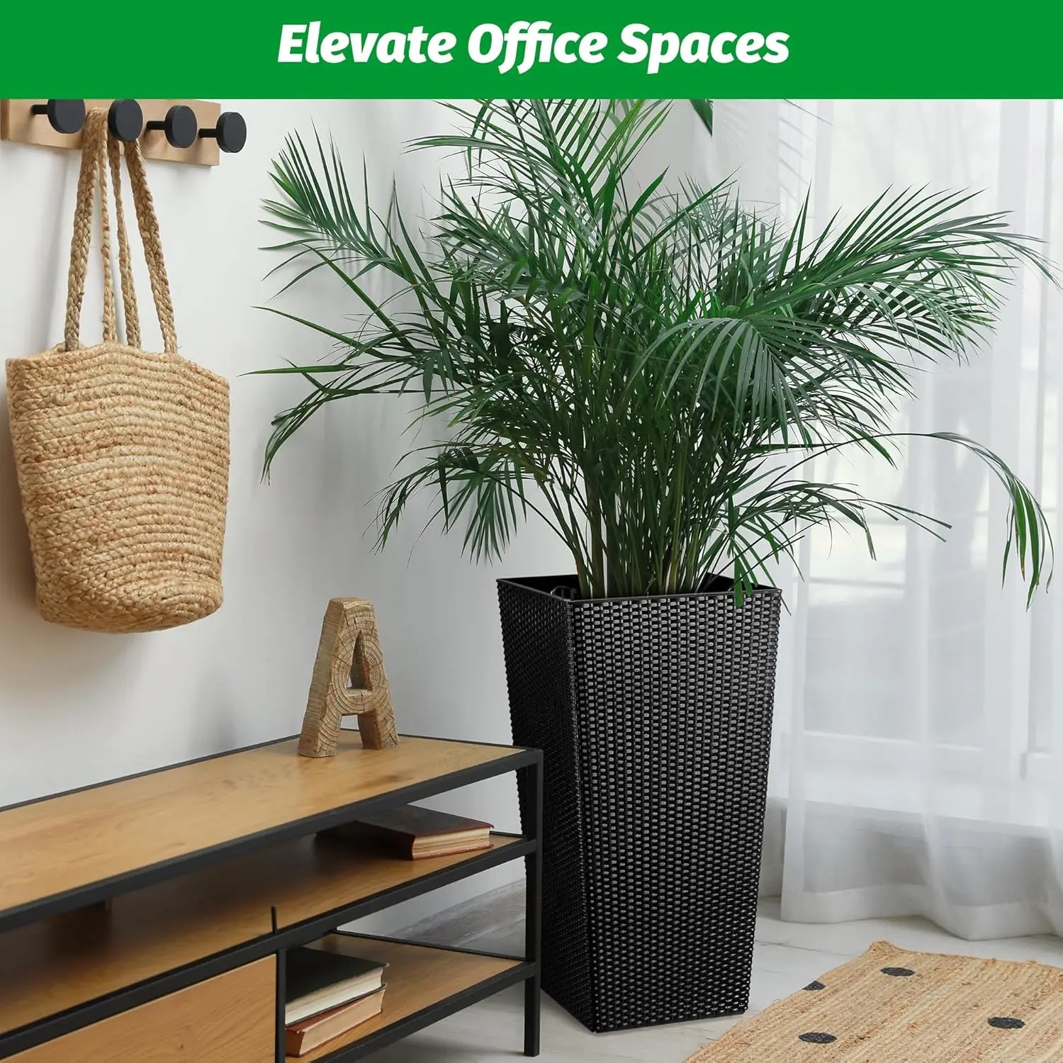 30 Inch Tall Planter Set of 2 Large Rattan Flower Pot with 2 Trays & a Water Level Monitor & Wheels Outdoor and Indoor for Patio
