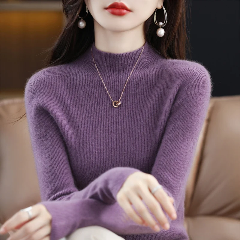 Cashmere Áo Len Nữ Áo Len Dệt Kim Nguyên Chất 100% Merino Len LONGMING Cao Cổ Hàng Đầu Mùa Thu Ấm Áo Thun Cổ Thời Trang Mùa Đông Dây Nhảy