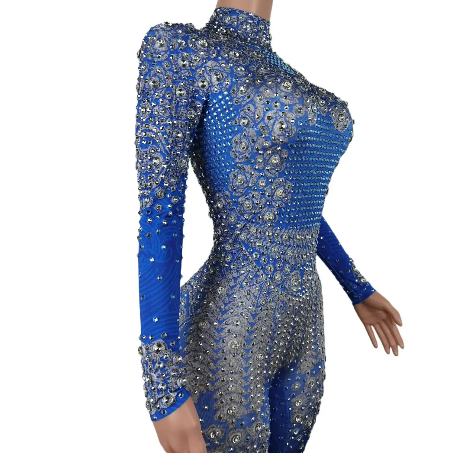 Evening Prom Party Rhinestone Jumpsuit Fashion Women Long Sleeve Stretch Leotard Skinny Crystal Bodysuit Dancer Leggings Outfit