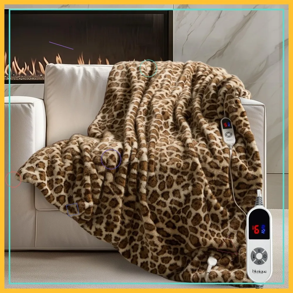 

Luxury Faux Fur Heated Blanket, Leopard Print, 6 Heating Levels & Auto-Off, Washable, 50''x60'', ETL Certified