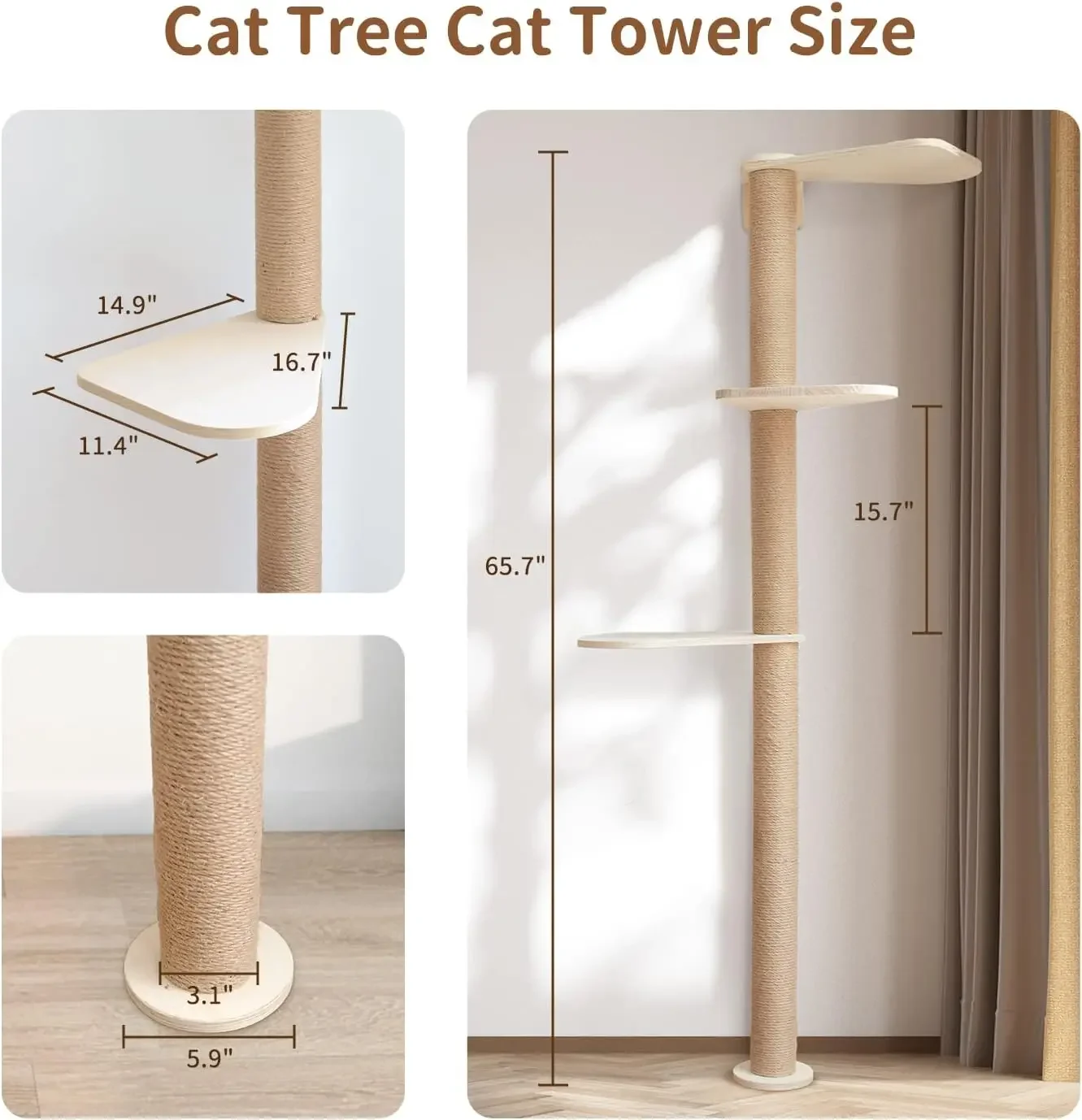 Wood Cat Tower Floor to Ceiling Adjustable, Tree Tall Cat Scratching Post, Cat Tree with 3-Tier Floor for Climb