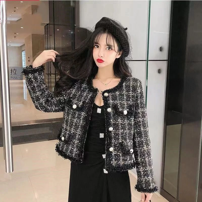 

Новая женская твидовая куртка класса люкс: укороченный твидовый блейзер с длинными рукавами, клетчатыми карманами, для офиса