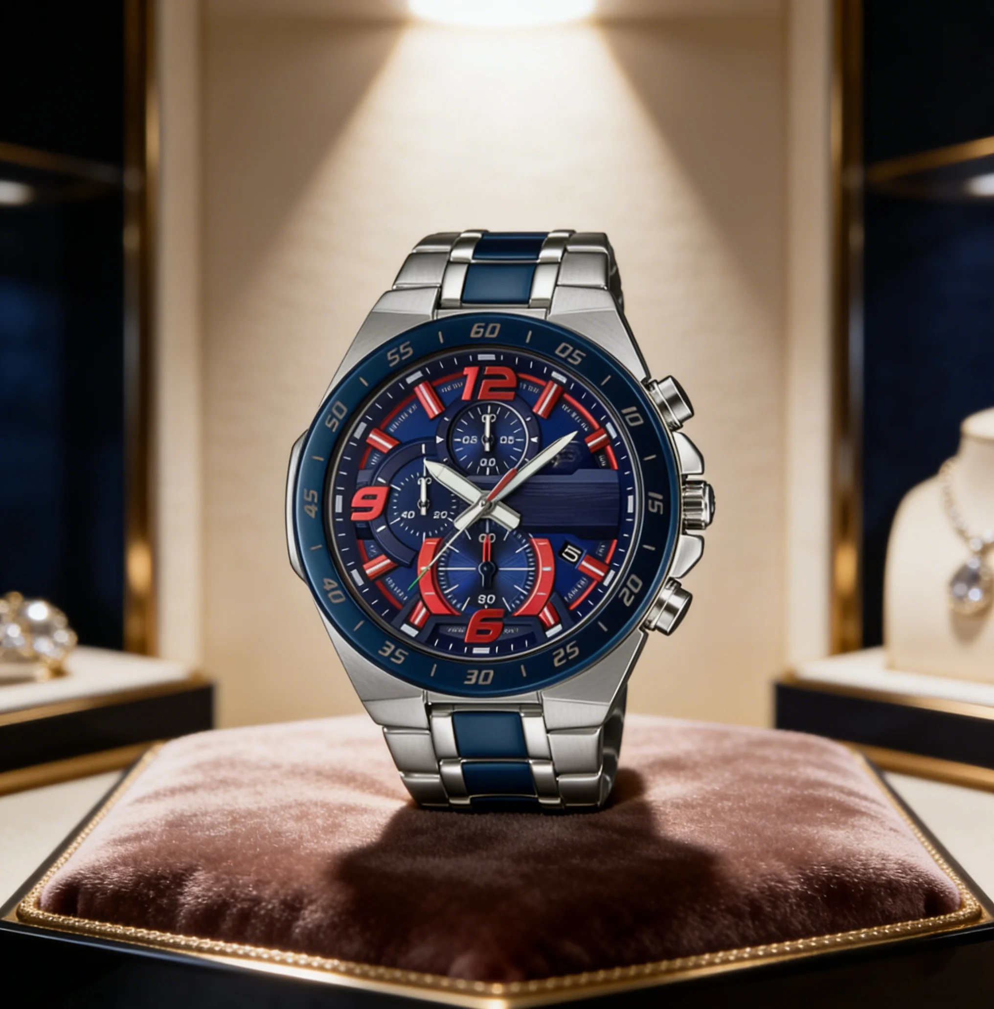 

Retro Sport Watch for Men Blue Red Dial Chronograph Quartz Wristwatch Waterproof Steel Strap