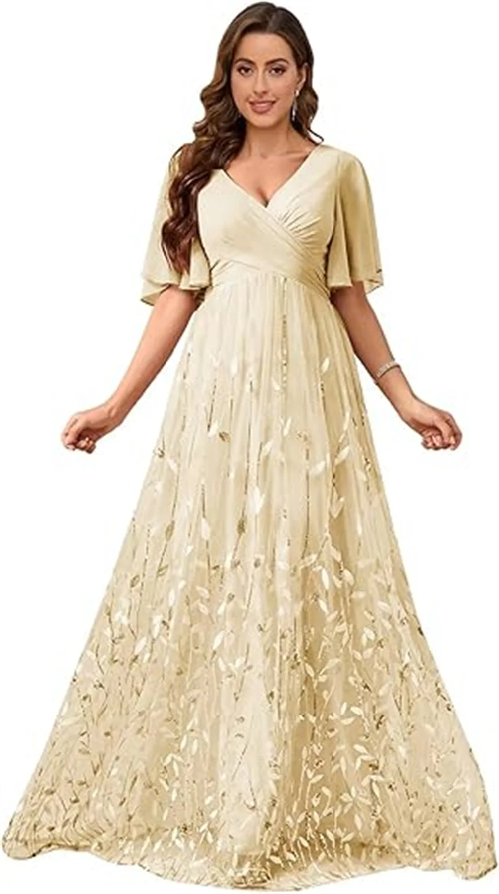 فستان أم العروس مخصص برقبة على شكل V شيفون ترتر وأكمام مكشكشة فستان سهرة رسمي بخصر إمبراطوري فستان زفاف الضيوف