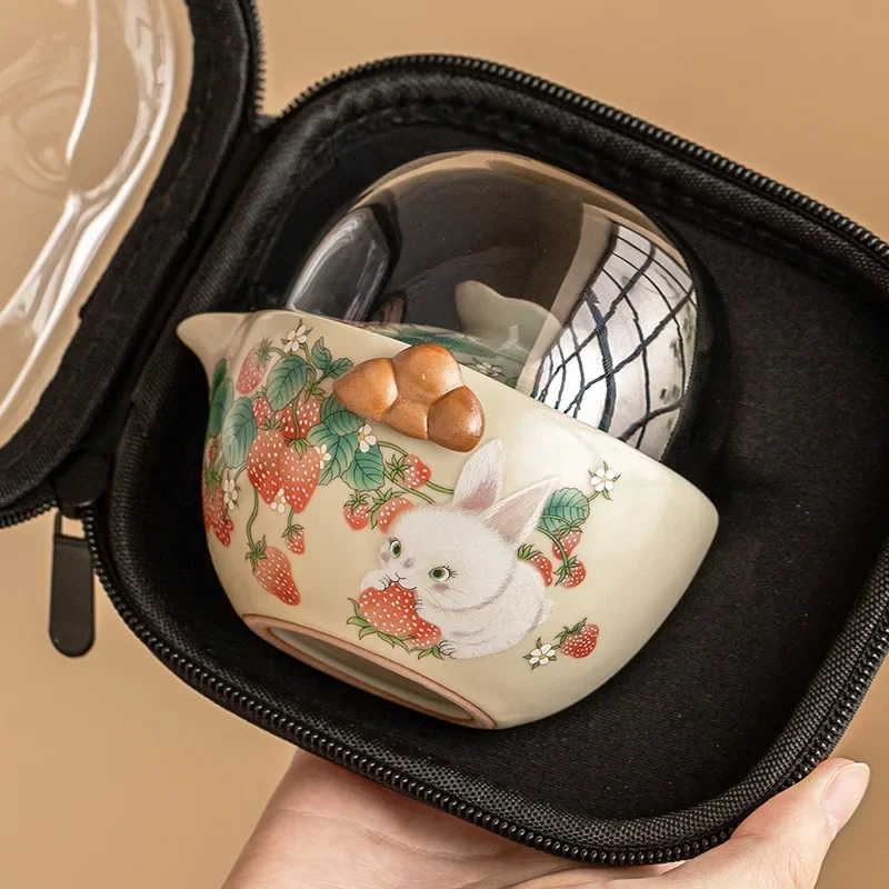 Cute Ru Kiln Strawberry Rabbit Travel Tea Set Portable Outdoor Camping One Pot Two Cups Set Can Be Opened Ceramic Express Cup