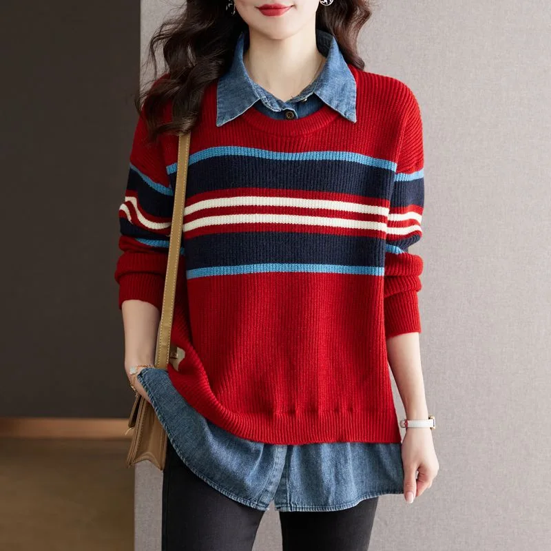 เสื้อสเวตเตอร์แบบสวมหัวของผู้หญิงเสื้อสเวตเตอร์ถัก2ชิ้นสำหรับฤดูใบไม้ผลิฤดูใบไม้ร่วง2023ใหม่