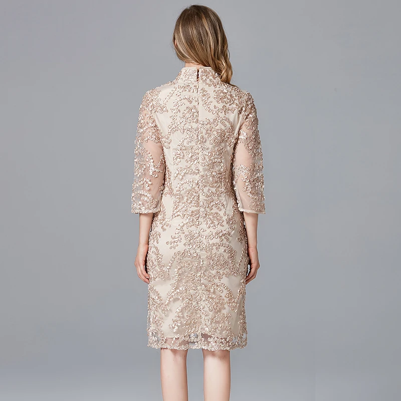 New Autumn Vintage Lace Dresses Style Stand Plus Size Dress Glod Color Embroidery A-Line Knee Length Women Lace Dresses 14230