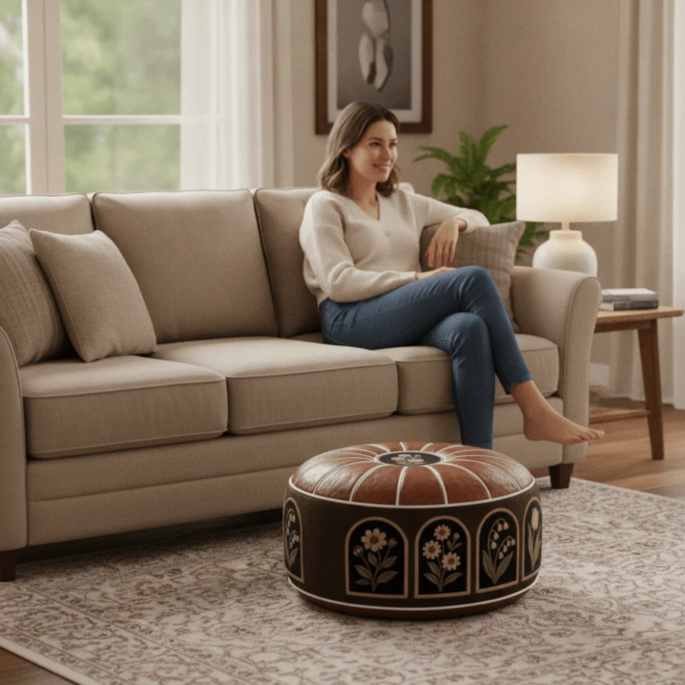 PU Leather Oil Painting Pattern Stool Cover Waterproof Unfilled Pouf Cover Large Capacity Round Clothes Storage Bag Bedroom