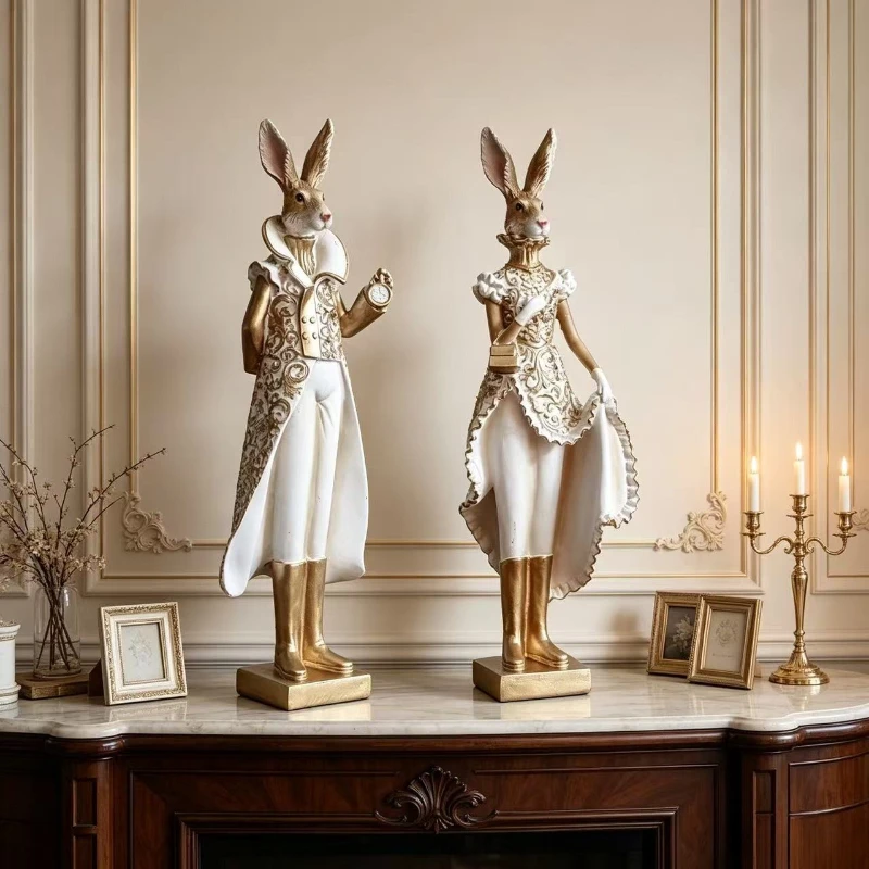 Noble Rabbit Resin Statue Mr Mrs Bunny Figurine Vintage Desktop Ornament for Home Shelf Tabletop Living Room Wedding Decor Gift