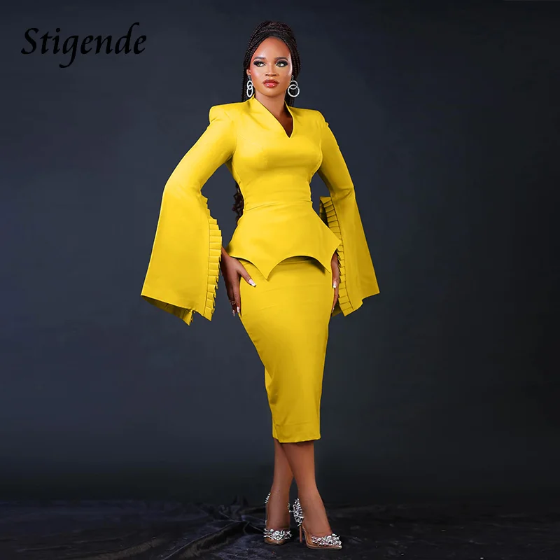 Stigende Women Elegant Ruffle Flare Sleeve Midi Dress Back Zipper Split Slim Pencil Dress