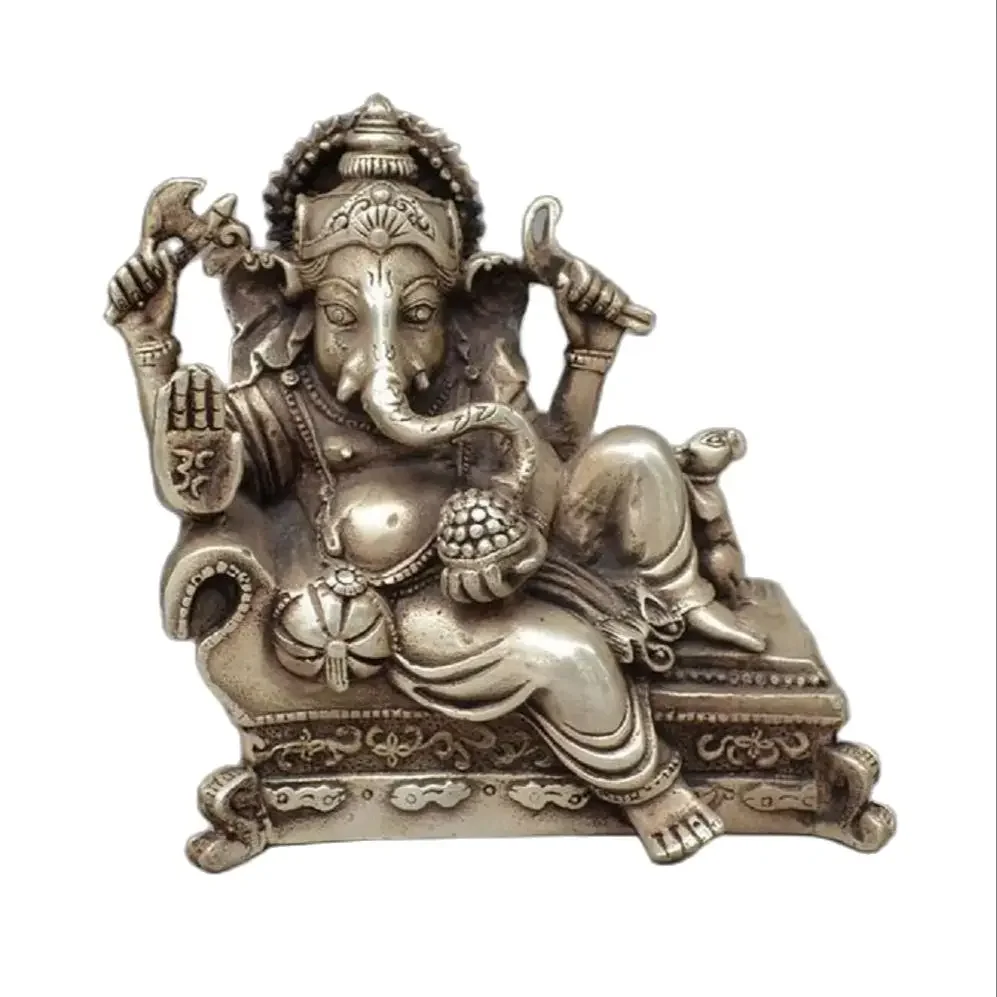 

14CM lucky Chinese Tibet Silver 4 Arms Ganesh Elephant Mammon Buddha Mouse Statue