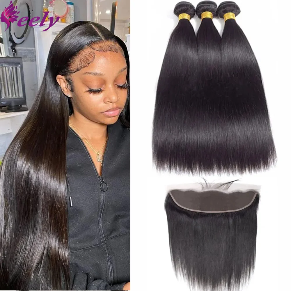 Mèches Brésiliennes Naturelles Lisses avec Closure, Extensions de Cheveux Noirs Naturels, 13x4, 30 Pouces, Lot de 3