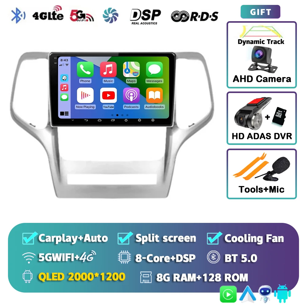 Android 15 voor Jeep Grand Cherokee 2008 2009 2010 2011 2012 2013 QLED scherm autoradio multimediasysteem Carplay Auto navigatie