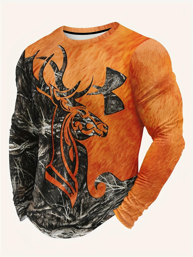 Vintage Men's 3D Jungle Moose Print T Shirt Casual Comfortable Spring Long Sleeve T Shirt Great For Everyday Fitness And Running