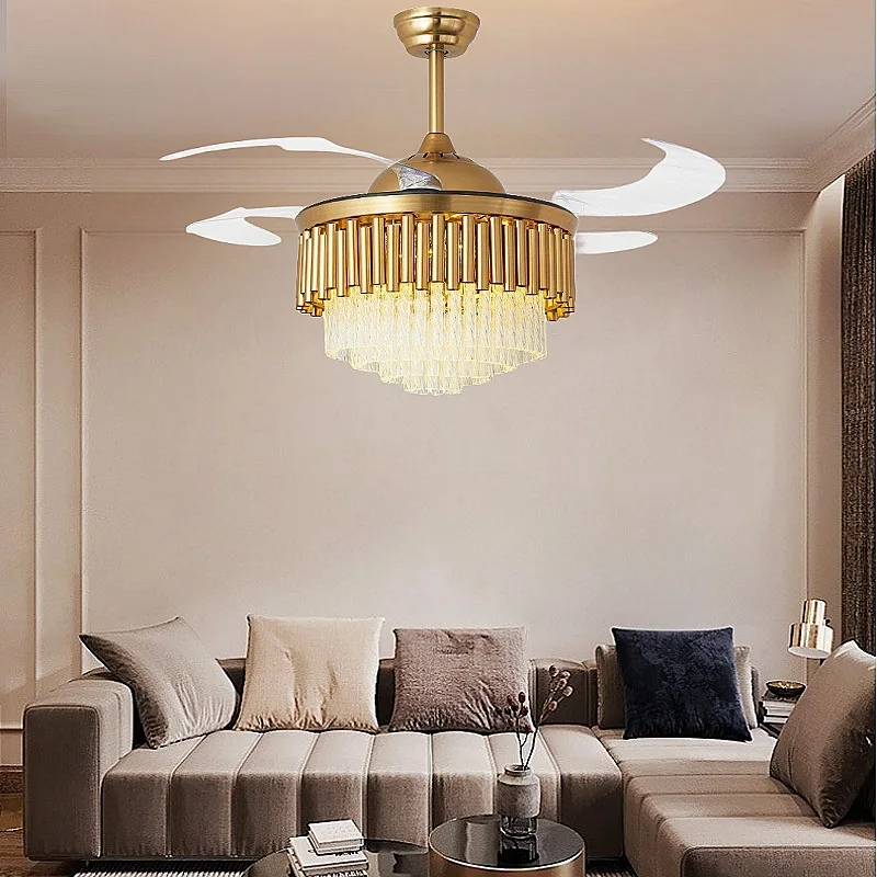 Inch Luxury Crystal Ceiling Fan Modern LED Chandelier Remote Control Fan Light Retractable Blade Bedroom