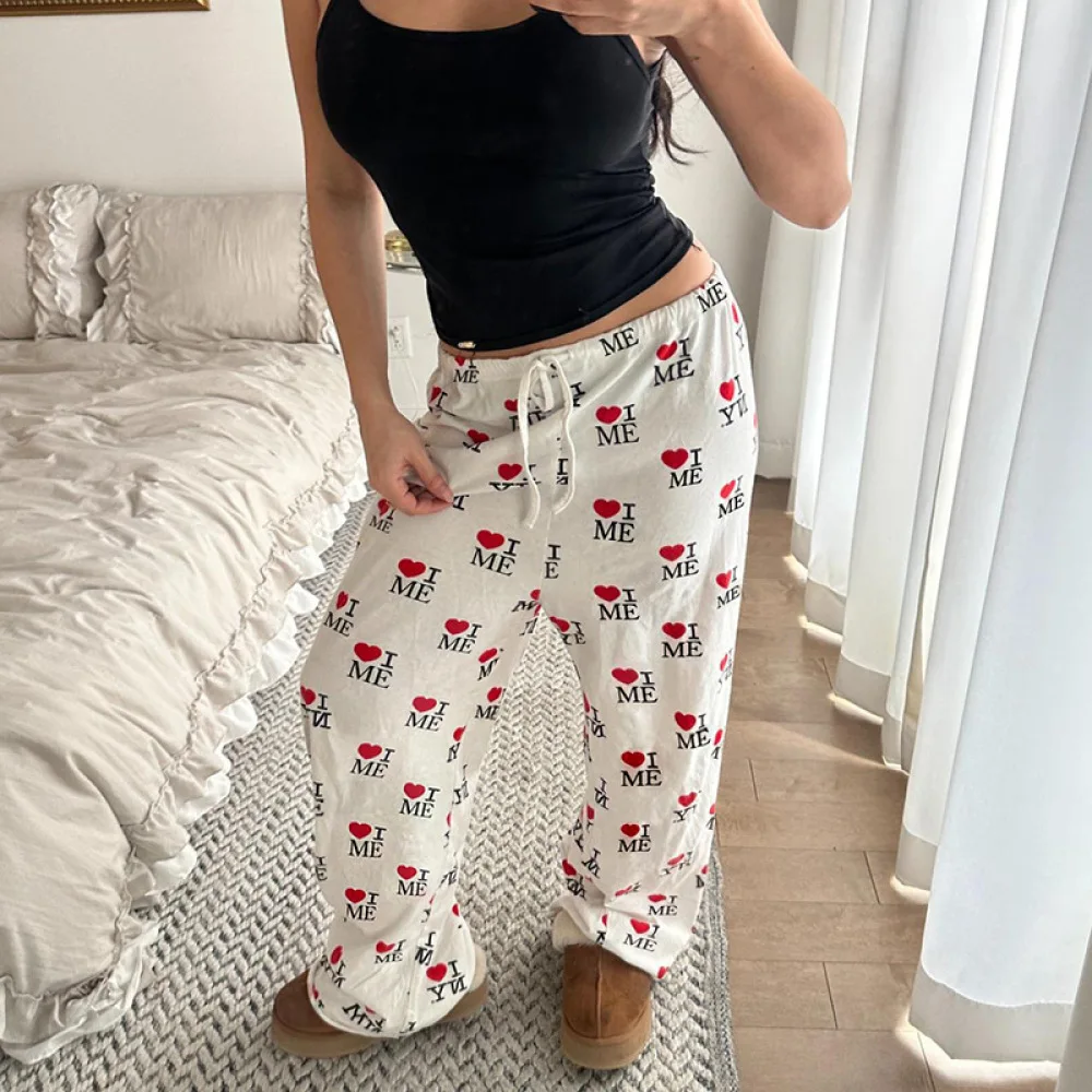 Retro Y2K Women Heart Letter Full Print Wide Leg Pants I LOVE ME Graphic Drawstring Loose Casual Trousers Loungewear Pants