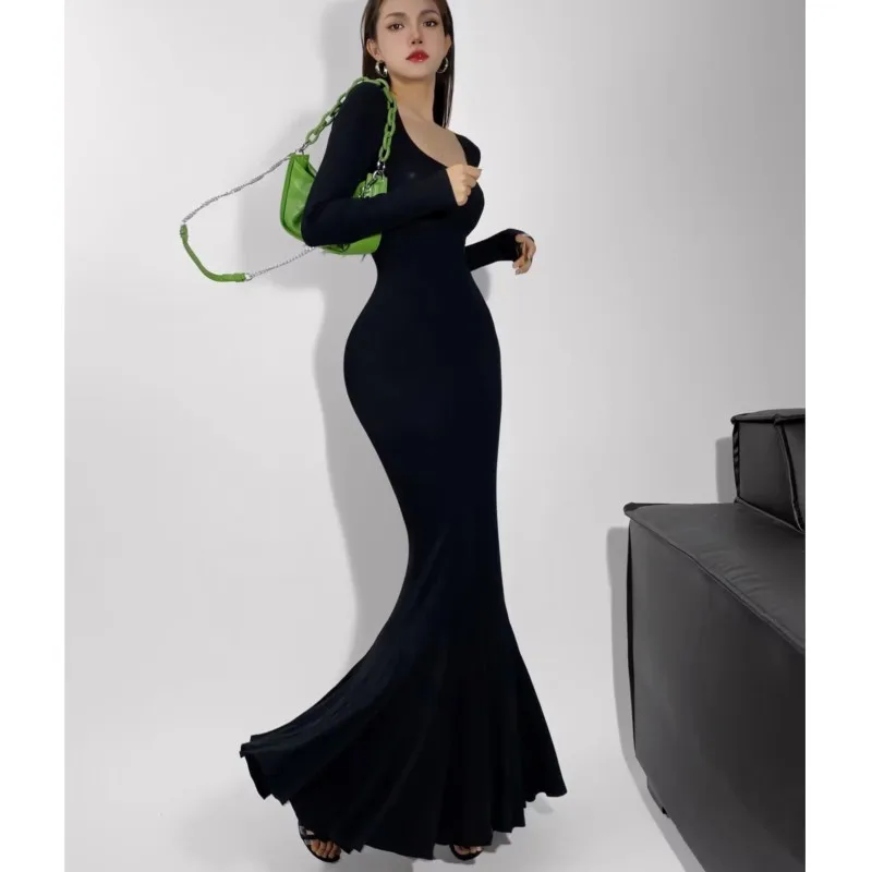 2023 Sexy Square Collar Knitted Cotton Ruffles Hem Maxi Long Mermaid Dress Women Full Sleeve Stretch Basic Bodycon Fishtail Robe