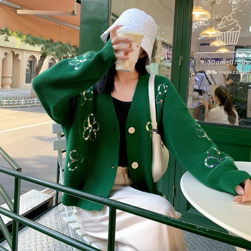 Fashion Autumn Winter New Sequin Embroidery Knitted Cardigans Women V-Neck Thick Warm Sweater Loose Leisure Coat Chic Streetwear