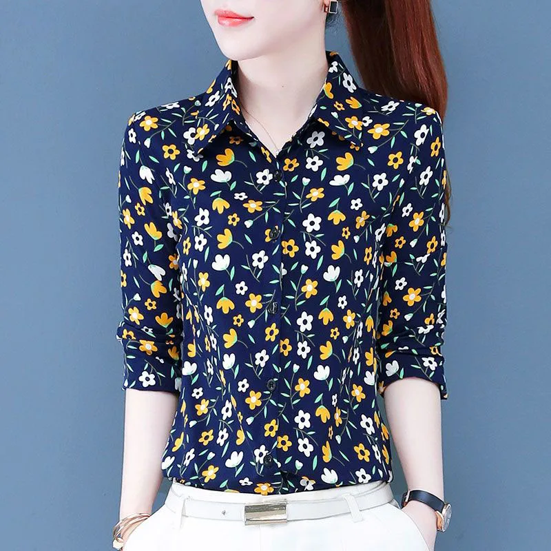 Fashion Printed Lapel All-match Floral Shirt Women's Clothing 2023 Autumn Winter New Oversized Casual Tops Office Lady Blouse