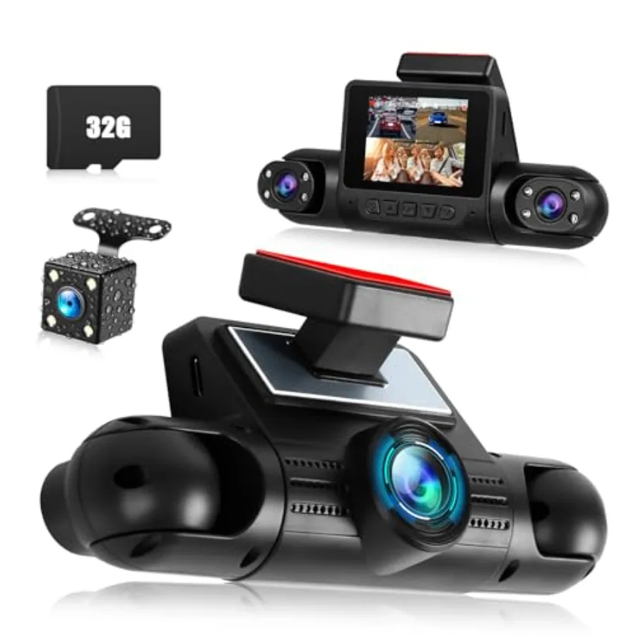 

Car dash cam for front/rear/inside/left/right 360 view, ABS plastic, black, night vision + loop recording + 24H parking mode +