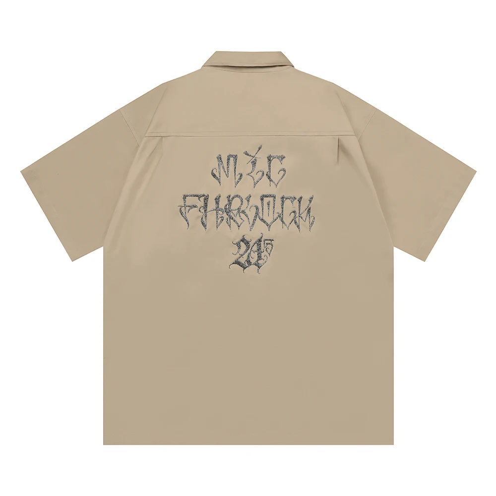 West Coast Chicano Gang Style Gold Thread Flower Font Embroidery Loose Shirt Mens Short Sleeve Baggy Loose Top Tees