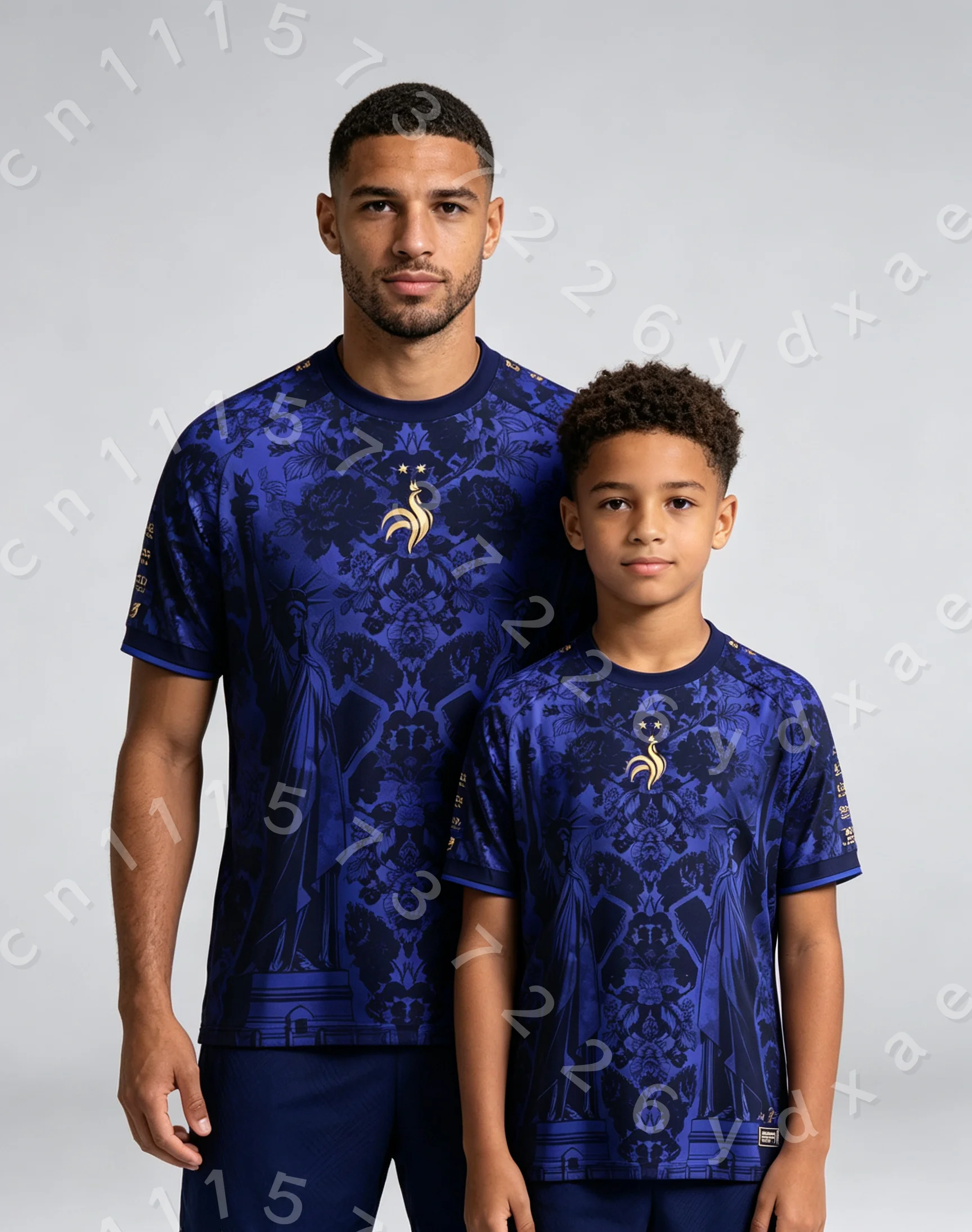 Parent Kid France National Element Soccer Jersey Blue Symmetry Statue Golden Rooster Badge  Quick Dry Sports Fan T-shirt