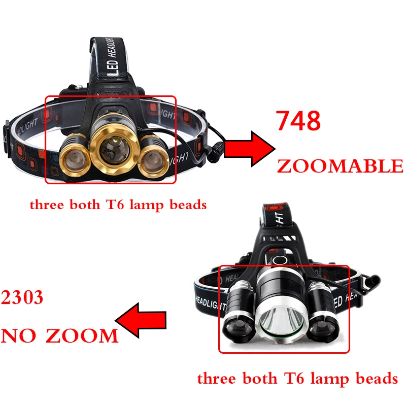 Super Bright LED Headlight 3*T6 Zoomable Headlamp Flashlight Torch Head Lights Lamp+2*18650 Battery+AC/Car/USB Charger Lantern