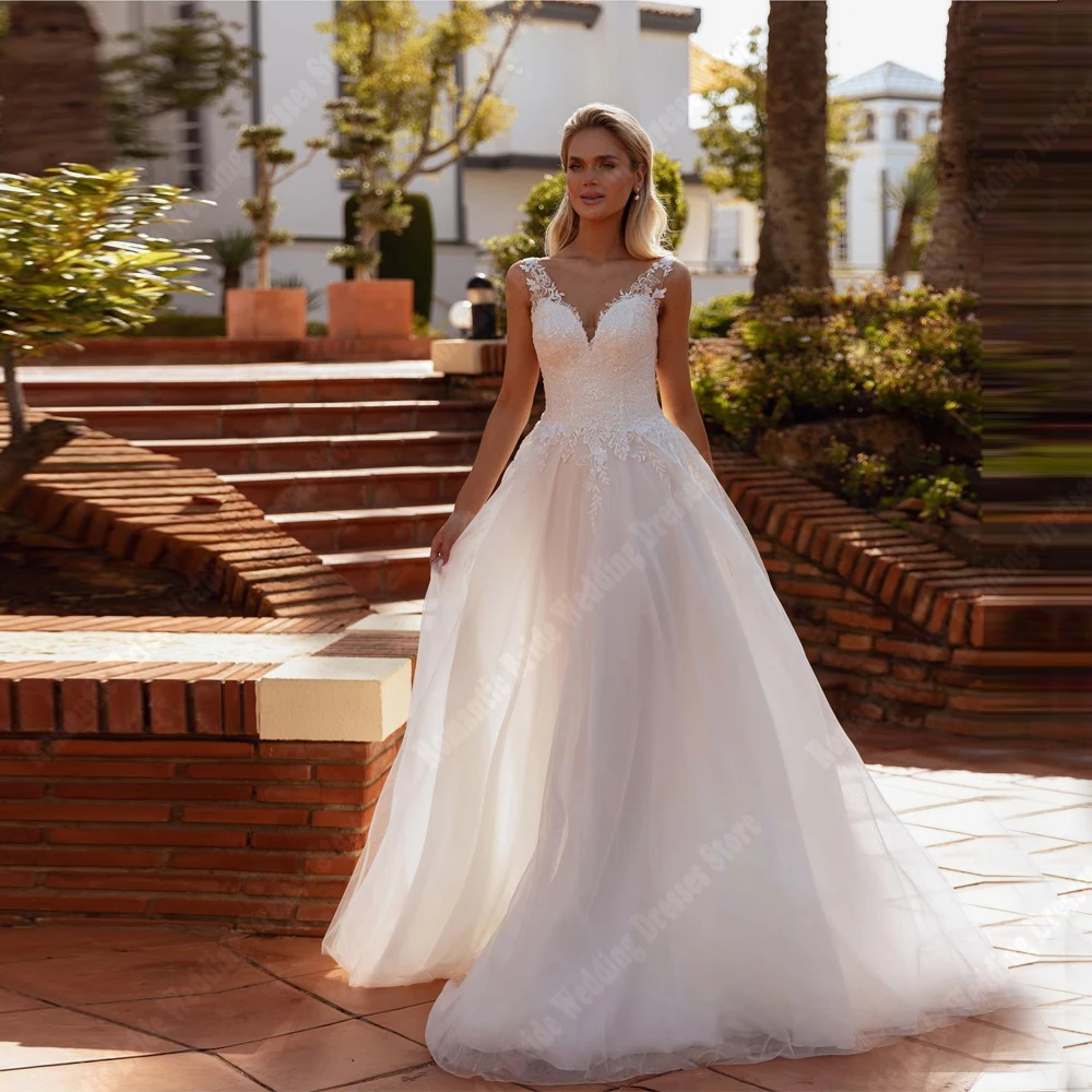 

Sexy V-Neck Women Wedding Dresses Lace Flower Print Prom Gowns Tulle Mopping Length Princess Ball Vestidos De Novias Customized