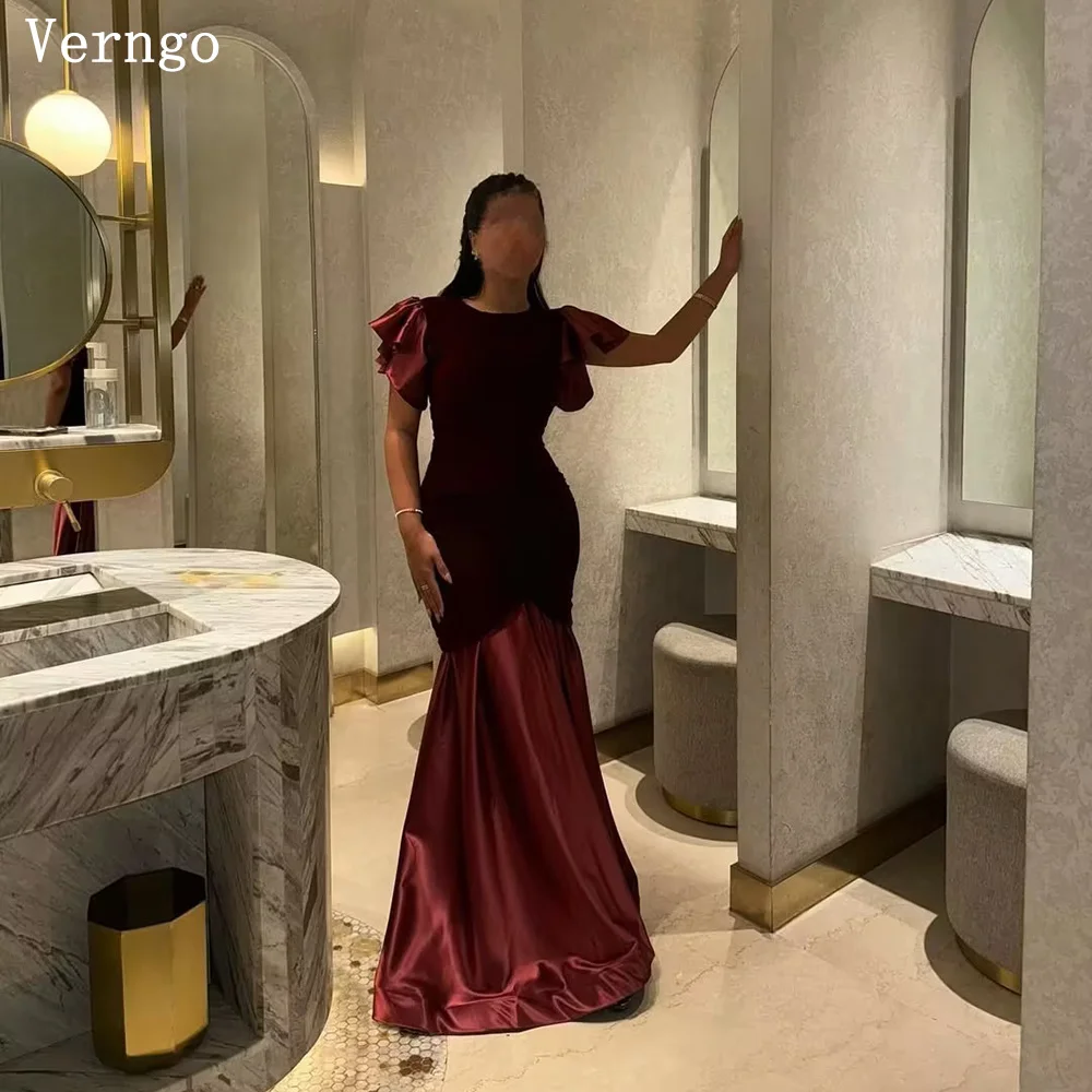 

Verngo Burgundy Bordeaux Evening Dress O Neck Short Sleeves Mermaid Prom Gown Arabic Formal Occasion Dresses Customized