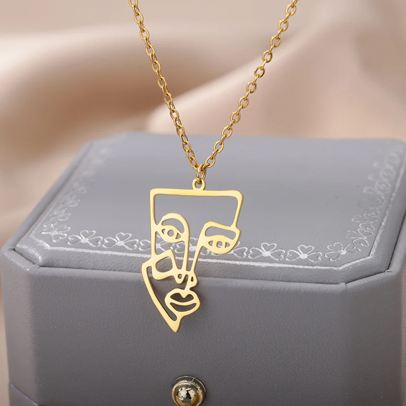 Stainless Steel Human Face Necklaces For Women Men Gold Color Pendant Necklace Male Female Neck Chain Jewelry Collier