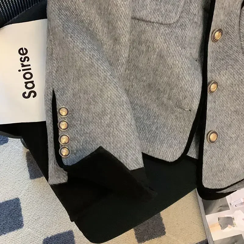 Short Grey Quilted Coats Vintage Women Clothing Contrast Lapel Woolen Jacket Autumn Winter Harajuku Jaquetas Chaqueta