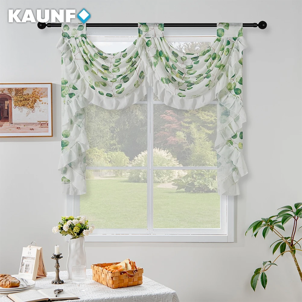 KAUNFO Wave Curtain Headed Valance Green Printed Leaves Sheer for Window Decor Rod Pocket 1PC