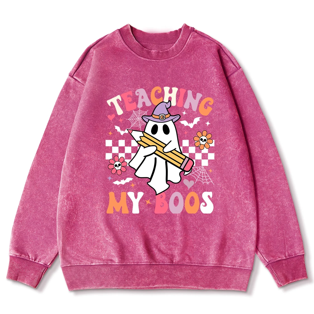 Ghost Teaching My Boos Word  Print Women Streetwear Fashion Washed Sweatshirt Loose Cotton Pullovers All-Match Casual Top Woman