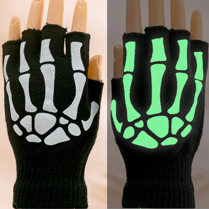 

Funny Adult Halloween Skeleton Skull Half Finger Luminous Gloves Winter Skull Fingerless Mitten for Punk Party Festive Knitted