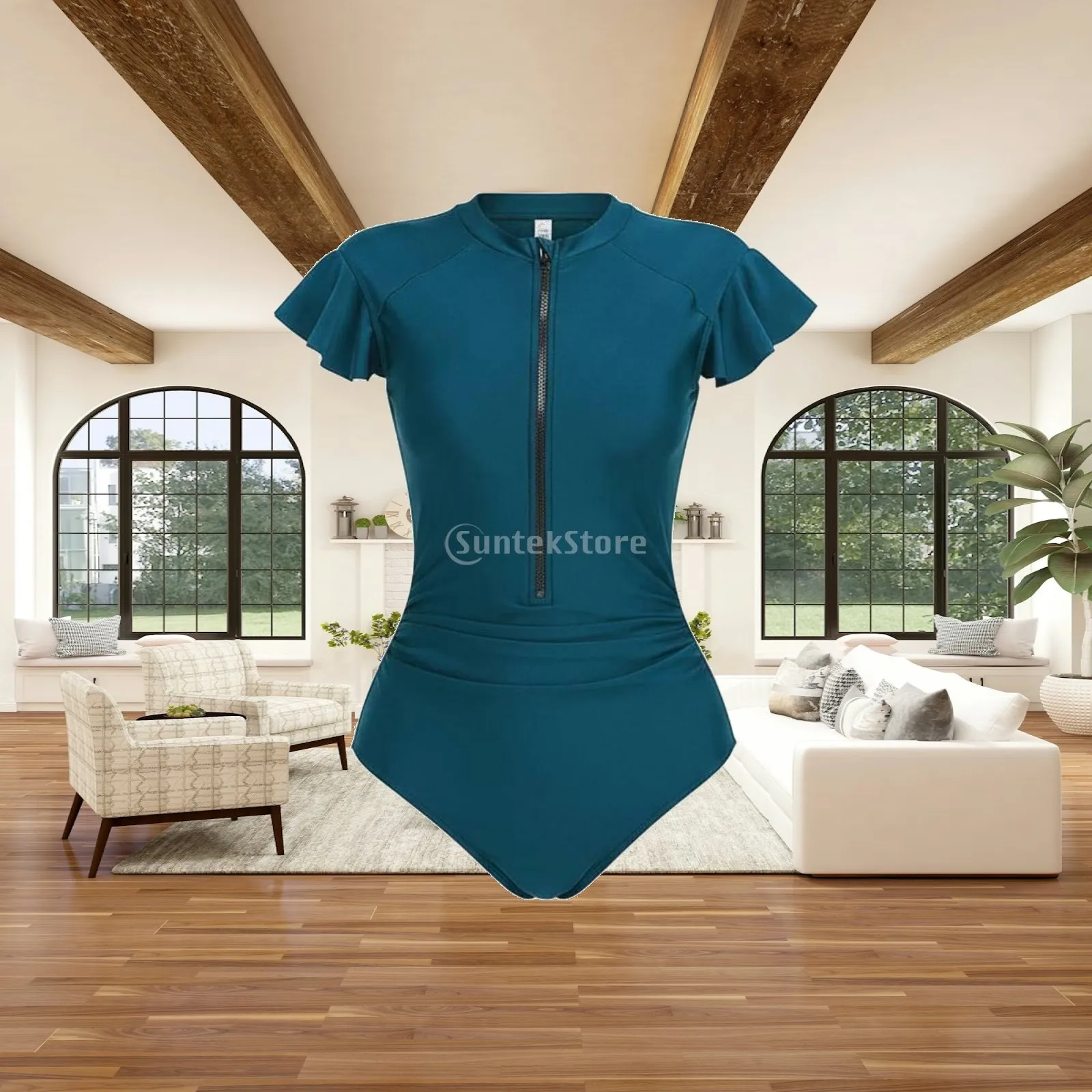 Solid Color Women Surfing Swimsuit One Piece Front Zip Quick Dry Polyester Flutter Sleeve Swimwear for Swimming Pool Lounging