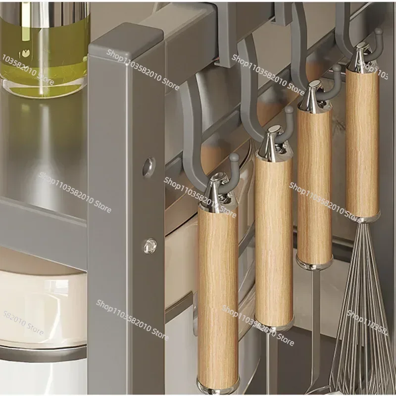 2-Tier Adjustable Microwave Oven Rack, Multi-Functional Kitchen Hanging Shelf with Cutlery Holder, Space-Saving Hot Sale