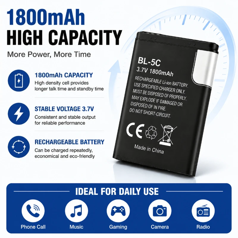 2450mah BL-5C Lithium Battery for Nokia Mobile Phone Charging Card  Portable Small Speaker  Radio Bluetooth Player Battery