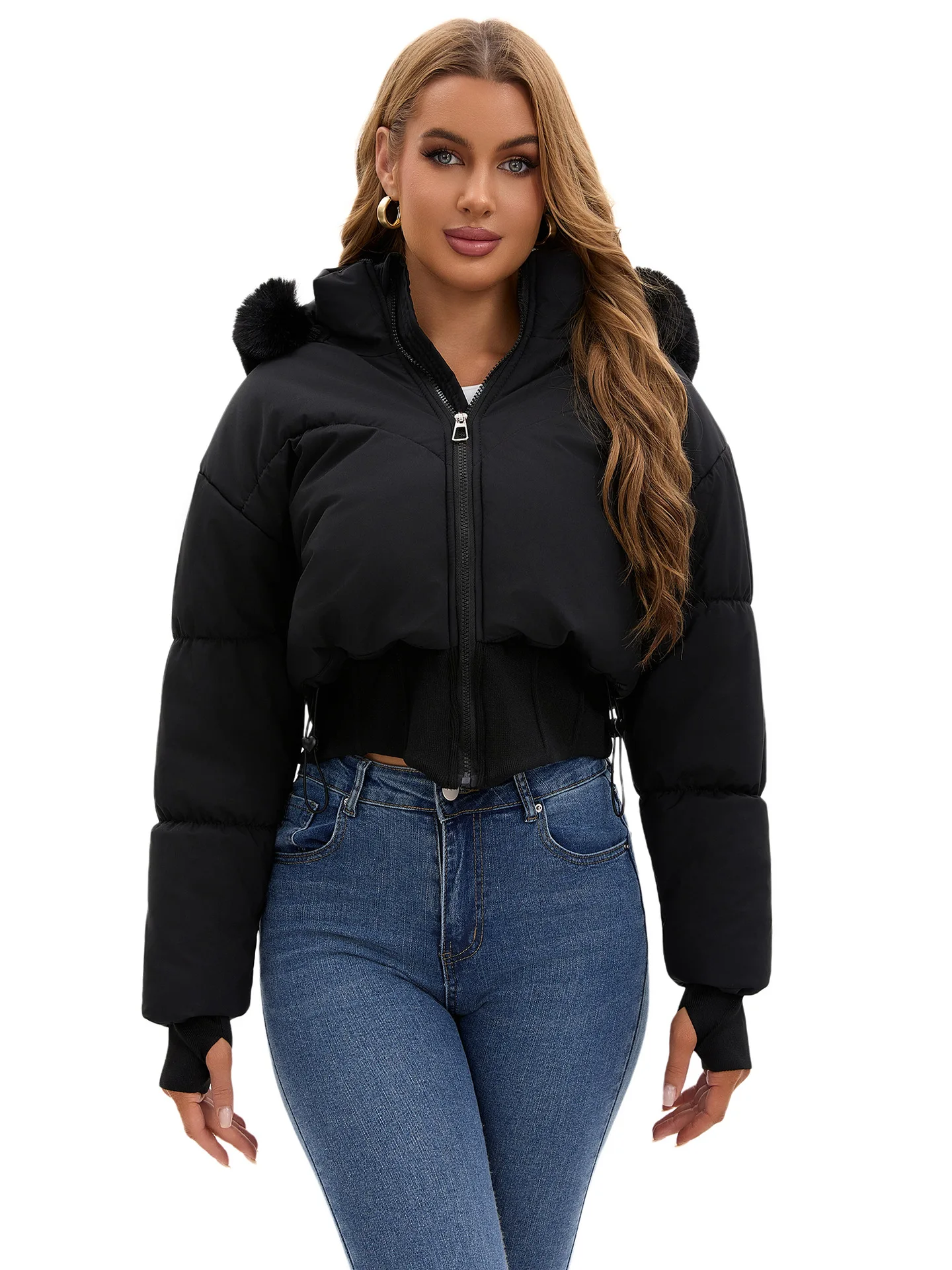 Women's Thickened Warm Cotton-Padded Jacket with Large Fur Collar And Hood Waist-Cinching 2025 Style