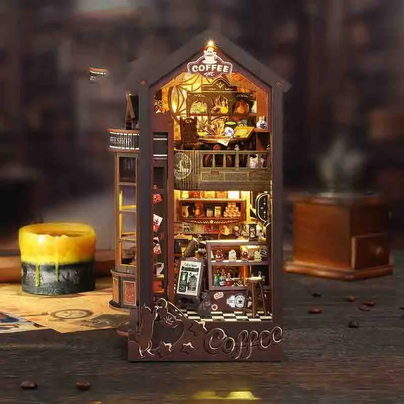 Diy livro nook prateleira inserir kits magia café estante de madeira modelo em miniatura kit artesanal estante para amigo presente aniversário