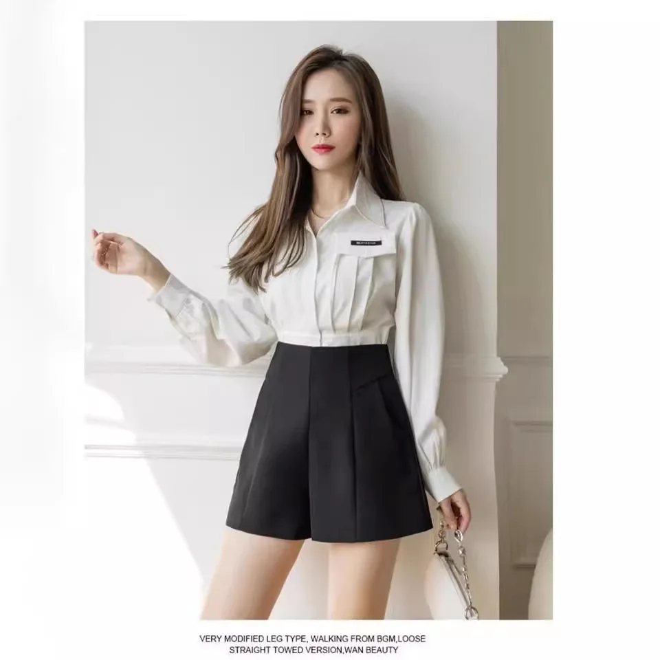 2024 Women\'s Spring/Summer Casual High Waist A-line Shorts Loose Wide Leg Chiffon Shorts Fashion Women\'s Black and White Suit Sh