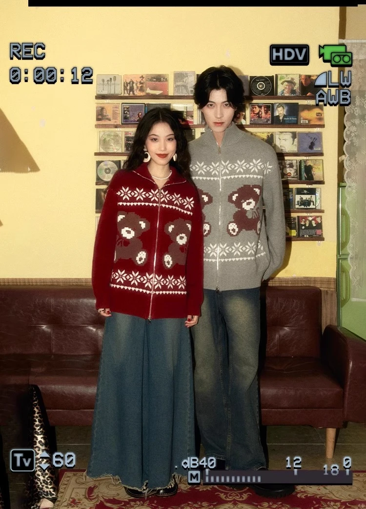 Autumn Winter New Men's Vintage Bear Embroidery Red Cardigan Sweater Coat Couple Gray Loose Casual Knitted Cardigan