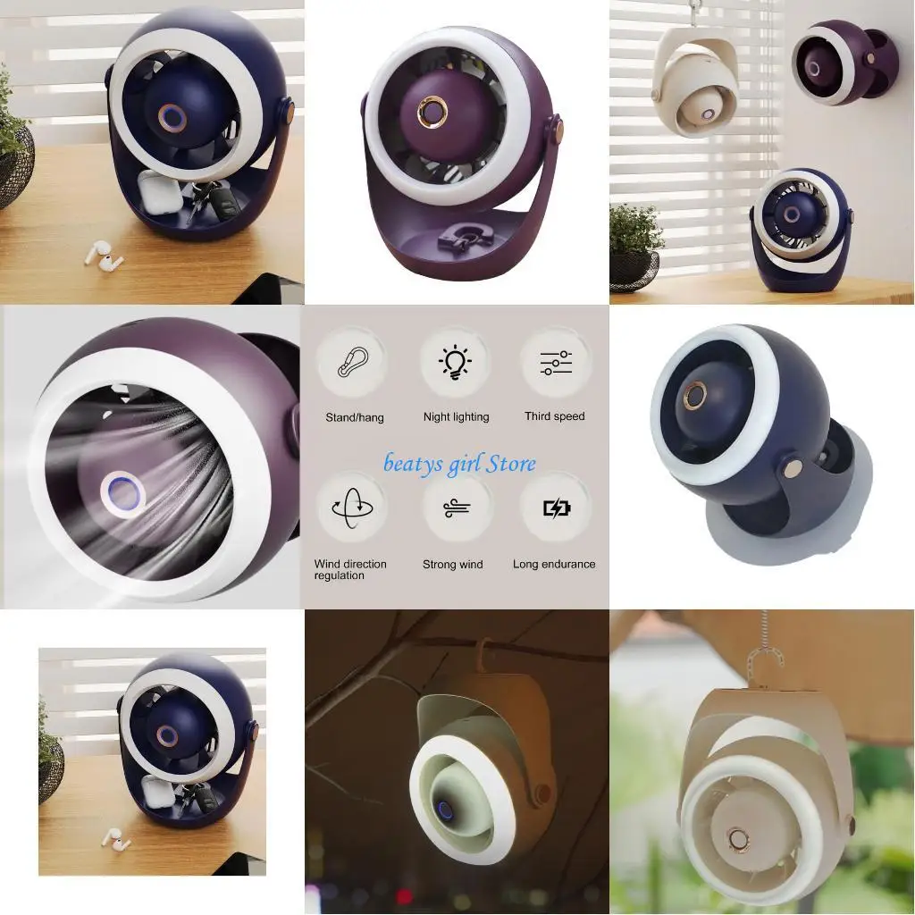 

C7AB USB Desk Fan 1000mAh Rechargeable Hanging Fan Camping Fan with LED Light