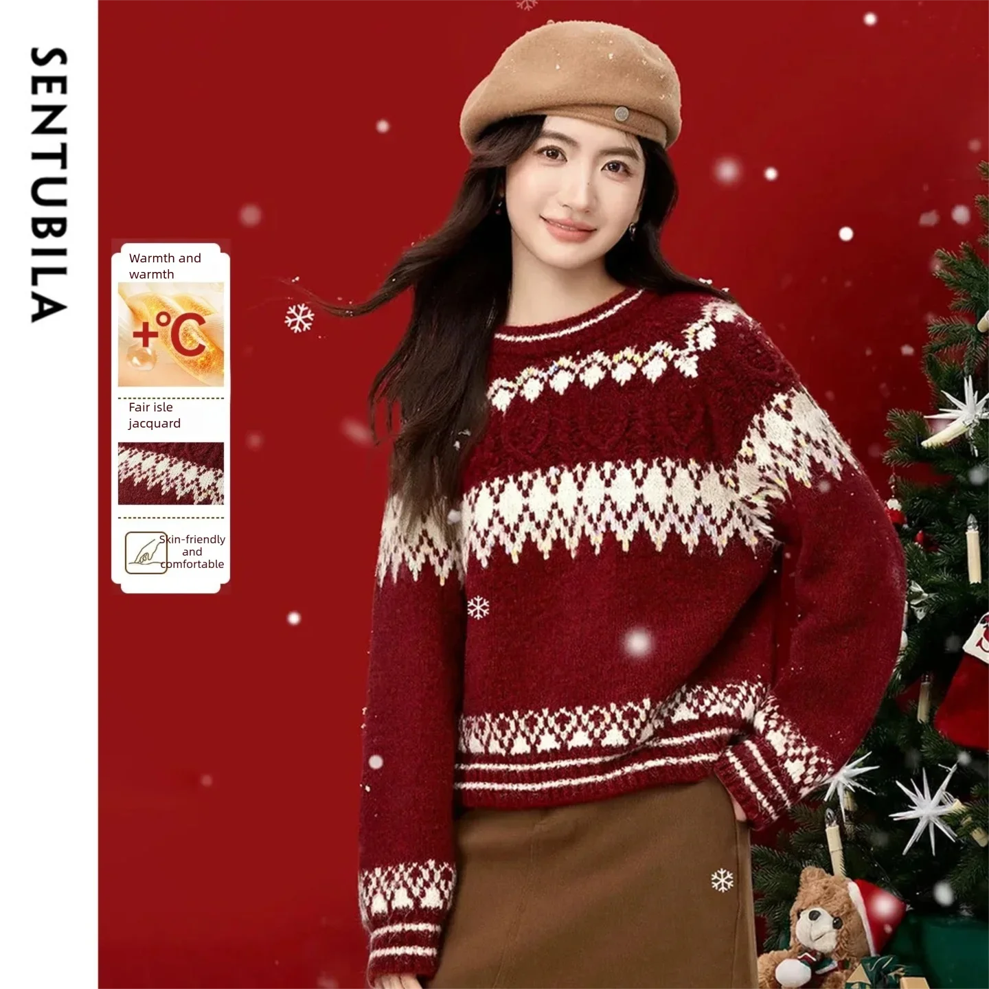 

SENTUBILA Women's Sweater 2025 New Fair Isle Contrast Color Jacquard Ladies Sweaters Winter Round Neck Long Sleeve Top W54EE5982