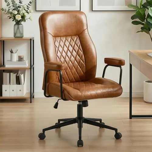 Leather Office Chair, Comfy Home Office Desk Chair, Mid Century Modern Office Chair with Lumbar Support, Mid-Back