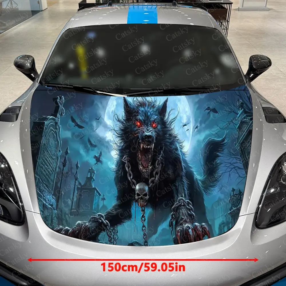 Chained Fierce Wolf Cemetery-Themed Car Vinyl Wrap, PVC Waterproof Car Hood Sticker, Self-Adhesive Scratch-Resistant Stickers