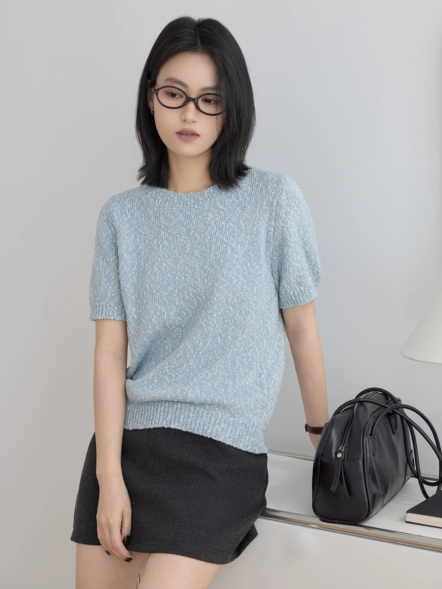 

Korean Sle round Ne ort Sve Knitted Sweater Women's Soft Cotton Yarn Simple Blue Woolen Weave Top Spring Summer
