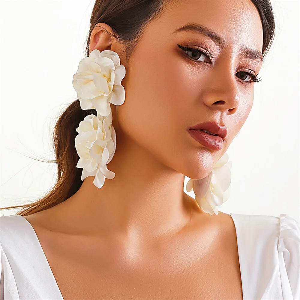 Exaggerated Satin Large Flower Long Tassel Drop Earrings for Women Romantic Party Wedding Earrings Jewelry